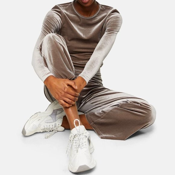 Topshop US‎ 4 6 UK Small S Taupe Velour Velvet Wide Leg High Rise Pull On Pants - Picture 3 of 8